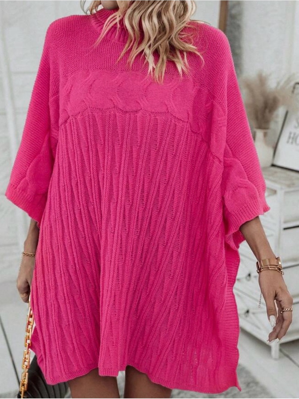 Hot Pink Cable Knit Oversized Sweater Dress - Unbranded